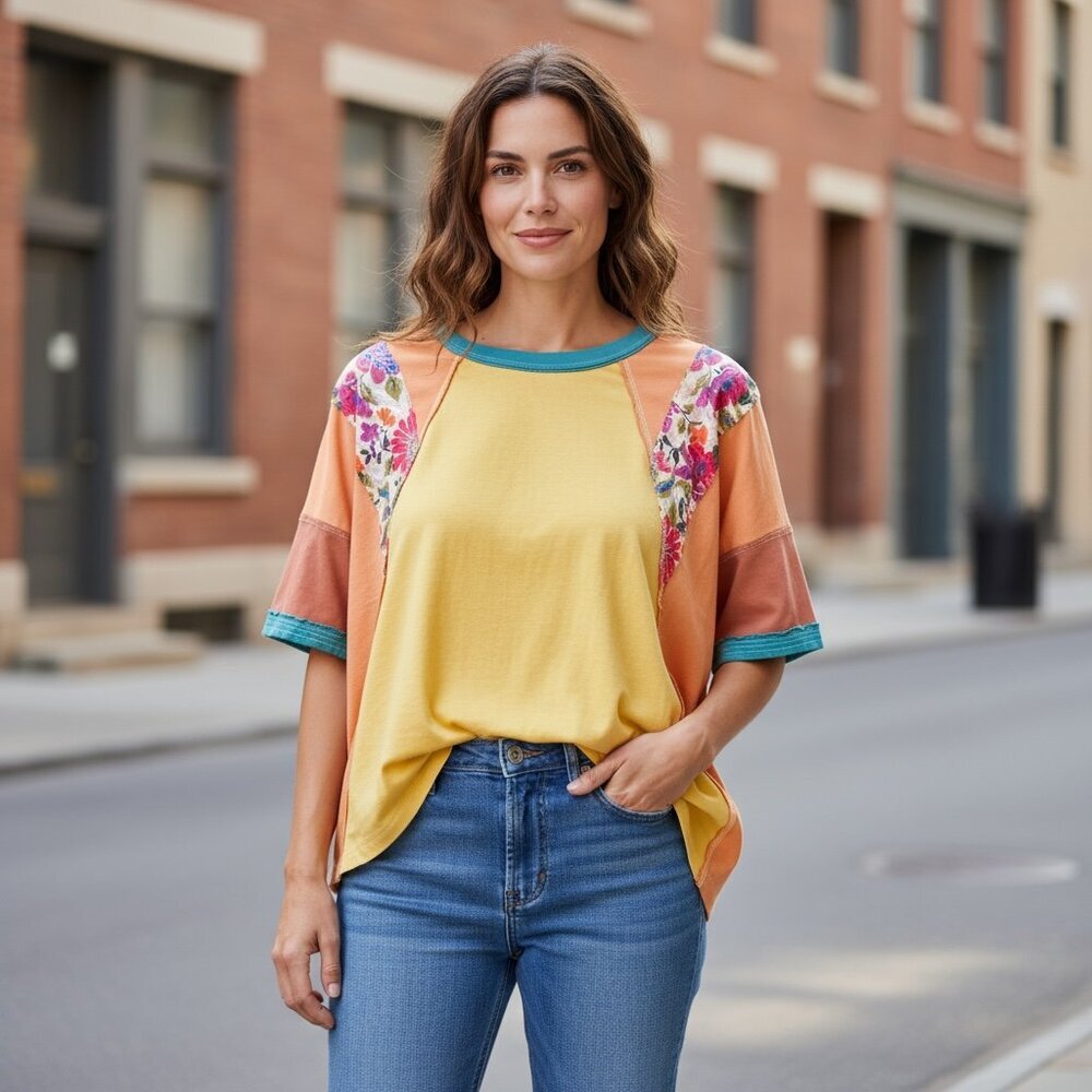Easel BOHO Mixed Media Dolman Sleeve‎ Tee Top Sz L #247L